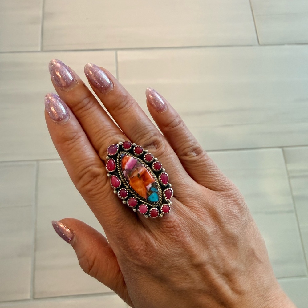 Nizhoni Traders Pink Opal, Pink Dream Mojave, Sterling Silver Adjustable Ring - Picture 8 of 9